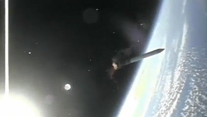 Cameras mounted on the space shuttle Endeavour's solid rocket boosters captured the launch of the orbiter on its final mission, May 16, 2011. The video documented the boosters' separation and subsequent landing in the Atlantic Ocean. 