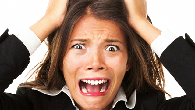 stressed out, woman, businesswoman, pulling hair, facial expression, closeup, stock, 4x3 