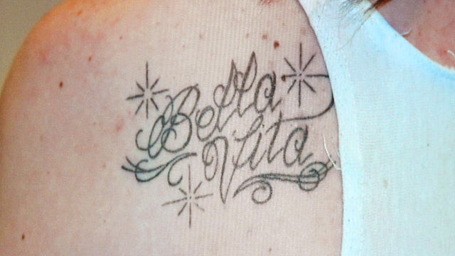 A photograph of a tattoo that Casey Anthony received by tattoo artist Bobby Williams while her daughter Caylee was reported missing is displayed on a monitor after being entered into evidence during day 18. 