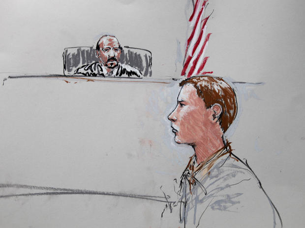 "Barefoot Bandit,"Colton Harris-Moore, is shown in a courtroom sketch before  Judge Richard Jones. Harris-Moore peladed guilty to seven charges. 