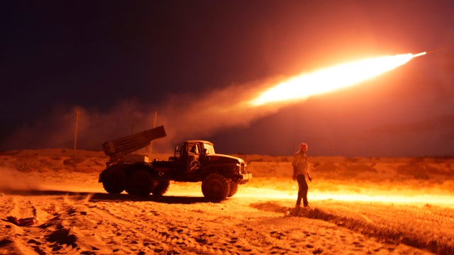 Libyan rebels fire a Grad rocket near Misrata 