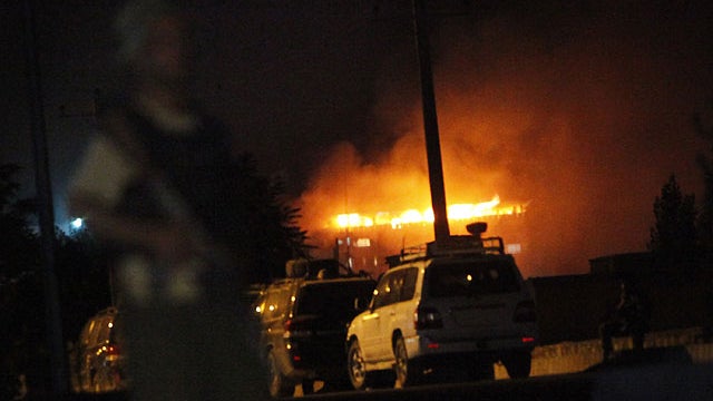The Inter Continental hotel is on fire during an attack in Kabul, Afghanistan, June 29, 2011.  
