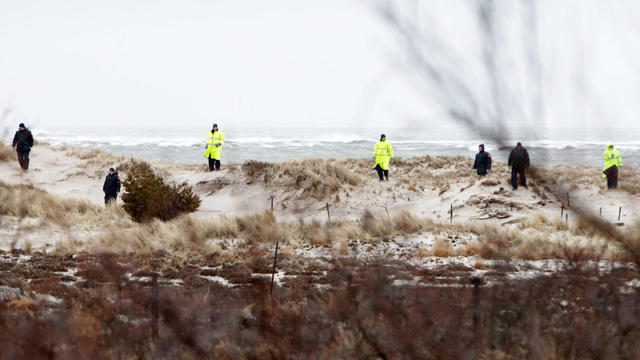 Suffolk County Police search the dunes and scrub brush across the road from where the bodies were discovered along Ocean Parkway. 