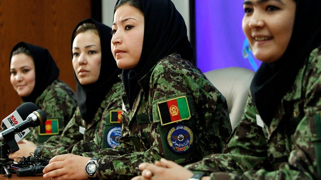 Four Afghan women beginning military pilot training in the United States take part in a news conference at Lackland Air Force Base July 13, 2011, in San Antonio. They are, from left: Afghan Army 2nd Lt. Sourya Saleh, 2nd Lt. Narges Safari, 2nd Lt. Masooma 