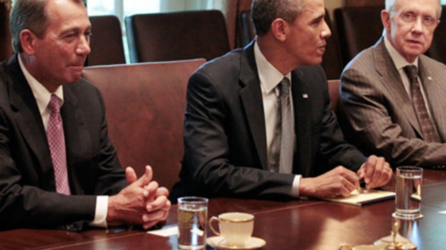 	WASHINGTON, DC - JULY 14: Speaker of the House John Boehner (R-OH), President Barack Obama, Senate Majority Leader Harry Reid (D-NV) and Senate Minority Leader Mitch McConnell (R-KY) sit down with other administration officials and members of Congress fo 