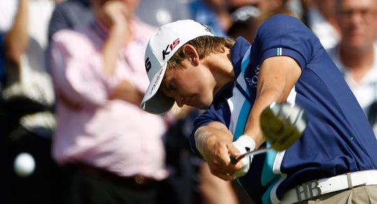 Tom Lewis plays a shot from the 4th tee 