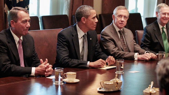 WASHINGTON, DC - JULY 14: Speaker of the House John Boehner (R-OH), President Barack Obama, Senate Majority Leader Harry Reid (D-NV) and Senate Minority Leader Mitch McConnell (R-KY) sit down with other administration officials and members of Congress for 