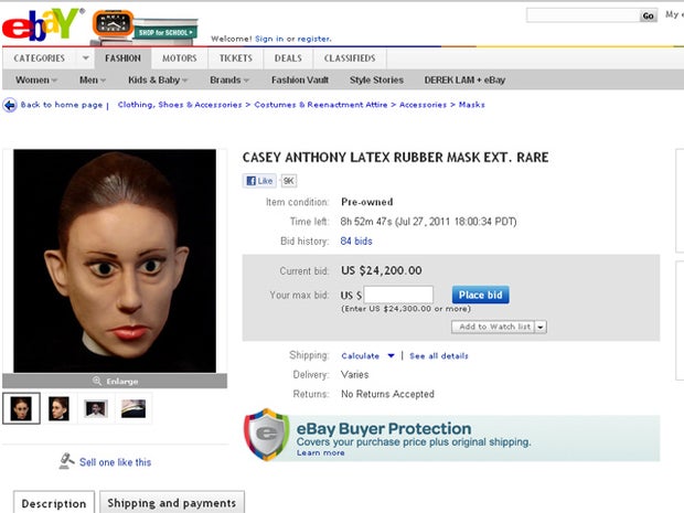 Bids for Casey Anthony latex mask over $20k on eBay 