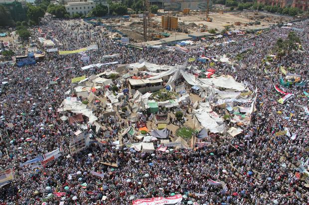 This demonstration follows weeks of a sit-in put on by 28 liberal and secular political factions. The tents put up by those demonstrators remain in the middle of the square. 