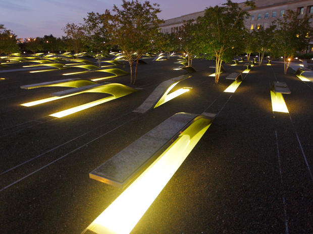 Lights illuminate the 184 stone benches outside the Pentagon in Arlington, Va. 