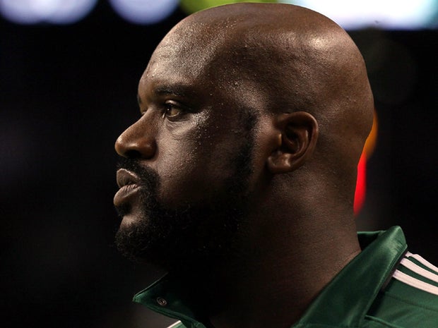 Shaquille O'Neal warms up before Game Three of the Eastern Conference Semifinals in the 2011 NBA Playoffs May 7, 2011, at the TD Garden in Boston. 
