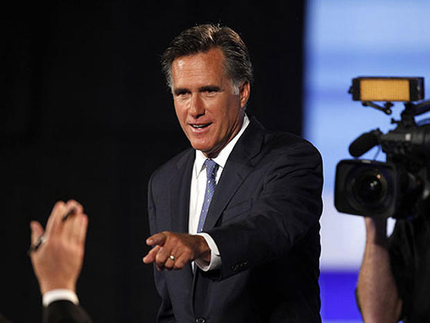Republican presidential candidate former Massachusetts Gov. Mitt Romney is seen during a commercial break at the Iowa GOP/Fox News Debate at the CY Stephens Auditorium in Ames, Iowa, Aug. 11, 2011. 