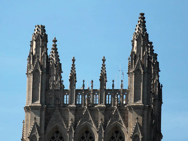 One of the spires , left, of the National Cathedral is seen missing following an earthquake in the Washington,  Aug., 23, 2011. 