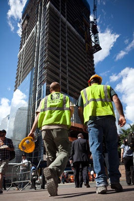 Construction workers at ground zero head back to work after an earthquake shook Manhattan, Aug. 23, 2011, in New York.  