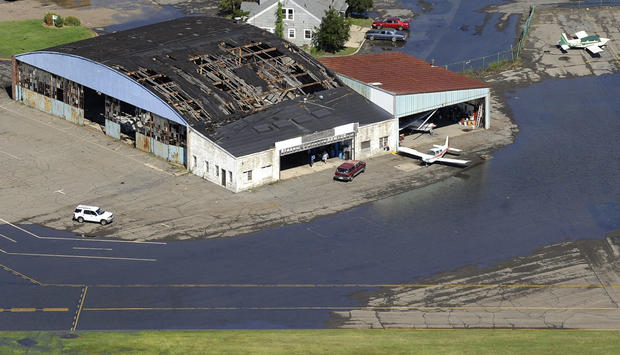 Damage is seen in the aftermath of Tropical Storm Irene at Igor I. Sikorsky Memorial Airport in Stratford, Conn., Aug. 29, 2011.  