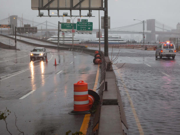 Streets flooded at the southern tip of Manhattan as Tropical Storm Irene passes over the region,  Aug. 28th, 2011, in New York. 