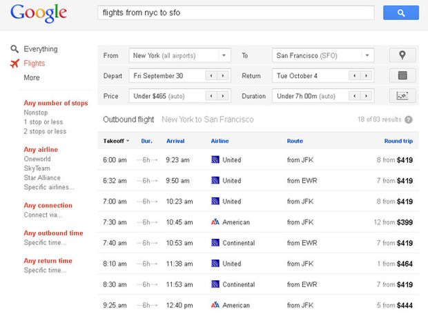 Google Flight Search 