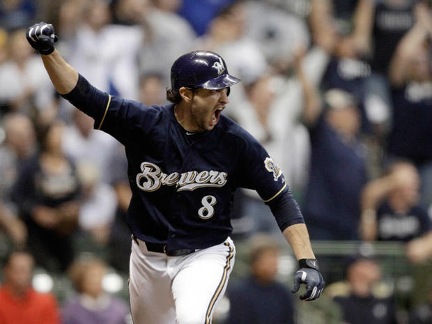 Ryan Braun celebrates after hitting a game-winning home run 