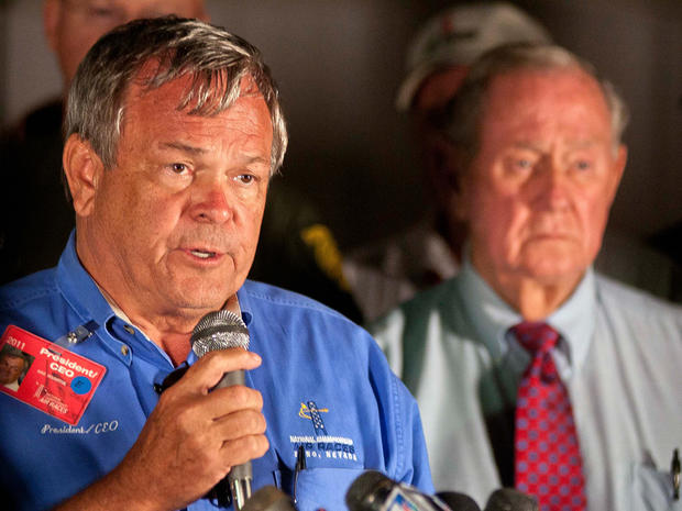 Mike Houghton, president of the Reno Air Racing Assoc., left, at a news conference after a vintage World War II-era fighter plane plunged into the grandstands during a popular annual air show 