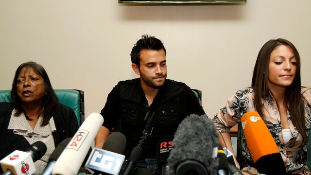 From left, Arline, Lyle and Stephanie Kercher, respectively mother, brother and sister of slain student Meredith Kercher, are seen at a press conference in Perugia, Italy, Oct. 4, 2011. Lyle Kercher says the family feels it is back to "square one" followi 