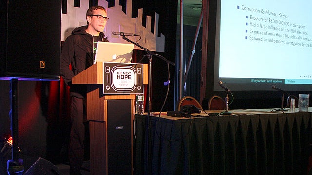 Jacob Appelbaum, Tor Project programmer and Wikileaks contributor, speaking at HOPE hacker conference in Manhattan on Saturday. 