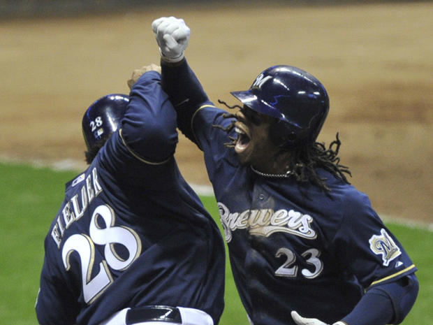 Rickie Weeks is congratulated by Prince Fielder 