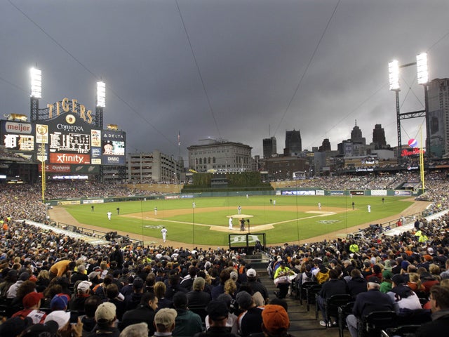 Rain clouds approach Comerica Park 