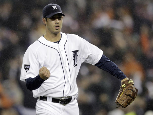 Rick Porcello reacts after the Tigers turned a double play 