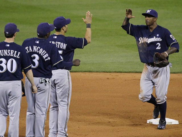 The Milwaukee Brewers celebrates  