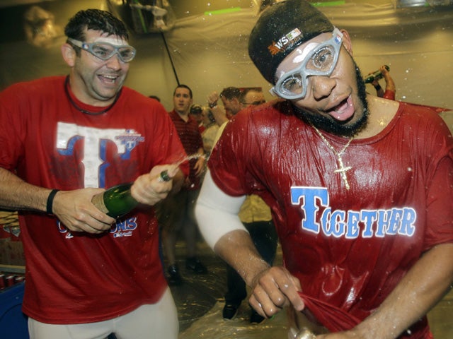 Mitch Moreland and Elvis Andrus celebrate 