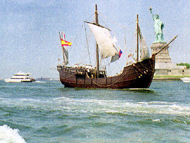 Replicas of Christopher Columbus' ships, the Nina, Pinta and Santa Maria, sail past the Statue of Liberty June 26, 1992, on a tour sponsored by the Spain '92 Foundation to celebrate the 500th anniversary of Columbus' landing in the Americas. 