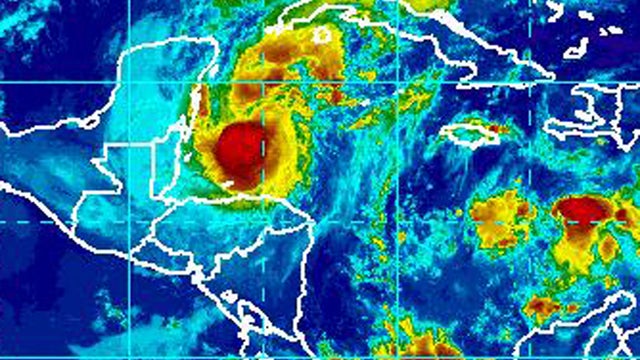Hurricane Rina is seen off Central America's Caribbean coast in this infrared satellite image captured by the National Weather Service at 8:45 a.m. ET Oct. 26, 2011. 