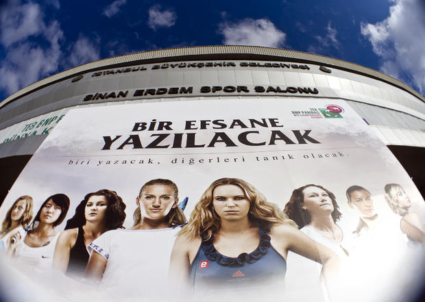 A large poster shows the competitors in the WTA championship finals in Istanbul, Turkey, Thursday, Oct. 27, 2011, on the facade of the tournament venue, the Sinan Erdem sports hall 