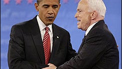 Presidential candidates Barack Obama and John McCain shake hands at the finish of a presidential debate at Hofstra University in Hempstead, N.Y., Wednesday, Oct. 15, 2008. 