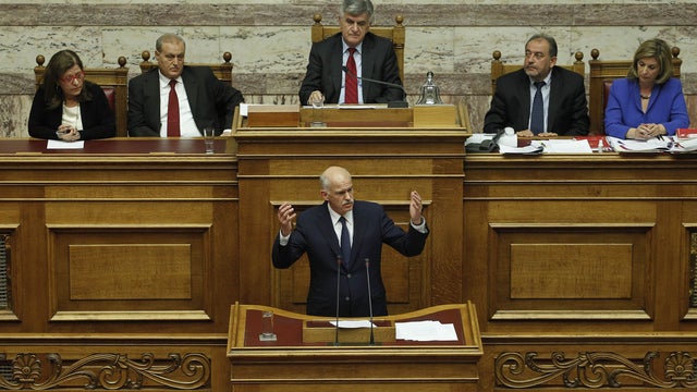 Greek Prime Minister George Papandreou speaks during a parliament session in Athens, Nov. 3, 2011.  