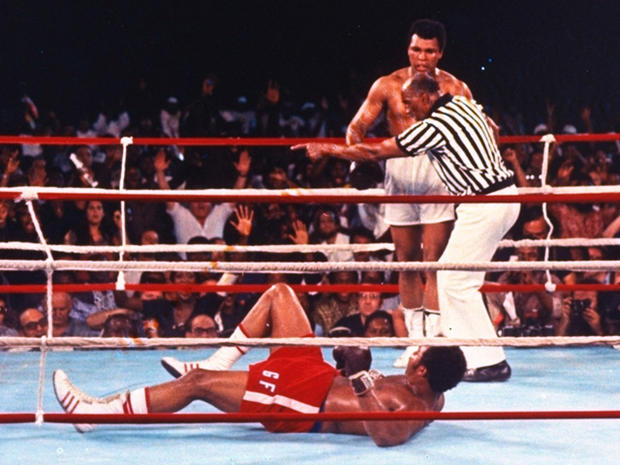 Muhammad Ali knocks down George Foreman 