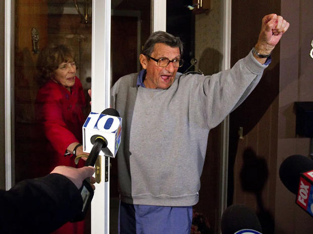 Penn State coach Joe Paterno and his wife Sue address Penn State students from the front porch of their house after the legendary coach was fired amid a school child abuse scandal, Nov. 9, 2011. 