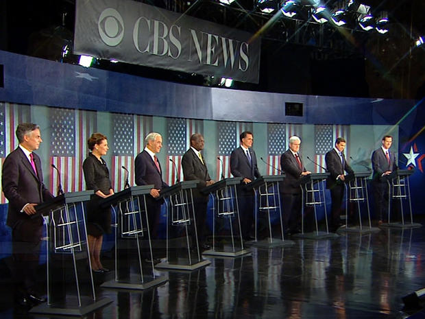 Eight candidates for the Republican nomination for president of the United States are seen at the CBS/National Journal Debate in Spartanburg, S.C., Nov. 12, 2011. 
