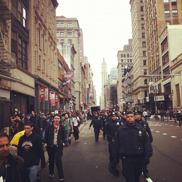 OWS protesters marching in downtown Manhattan 