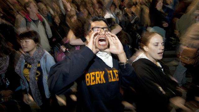 Francisco Alvarado yells during an anti-Wall Street rally at UC Berkeley 