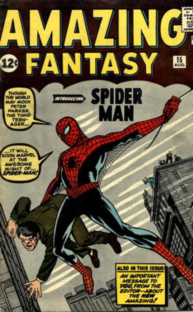 A rare Spider-Man comic book, "Amazing Fantasy No. 15," is the first appearance of Spider-Man and sold for 12 cents in 1962. 