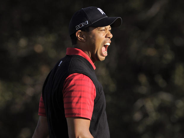 Tiger Woods reacts after winning the Chevron World Challenge  
