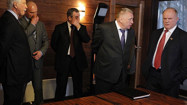 From left, United Russia party leader Boris Gryzlov, Liberal Democratic Party faction leader Igor Lebedev, Sergei Neverov, a United Russia party leader, Liberal Democratic Party leader Vladimir Zhirinovsky, Communist Party leader Gennady Zyuganov talk whi 