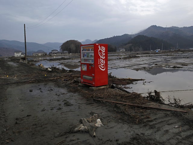 A vending machine stands intact 