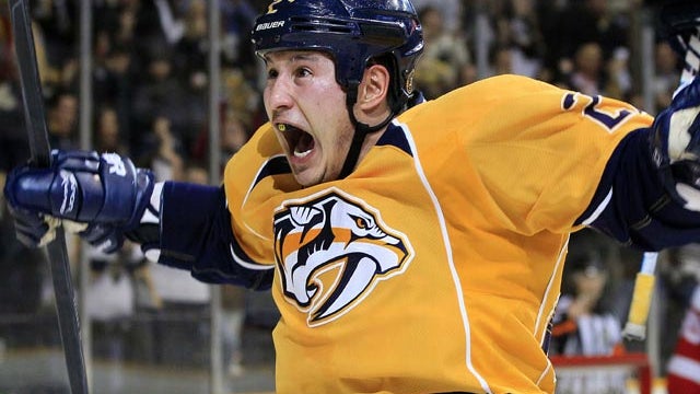 Jordin Tootoo celebrates after scoring a goal  
