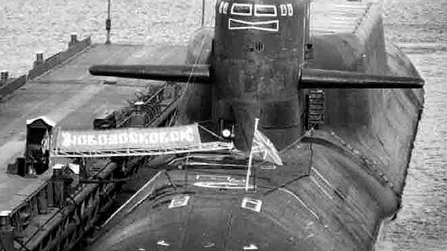 In this 1999 file photo, the Novomoskovsk nuclear submarine, a Delta-IV-class nuclear submarine, is moored at the Arctic base of Vidyayevo.  