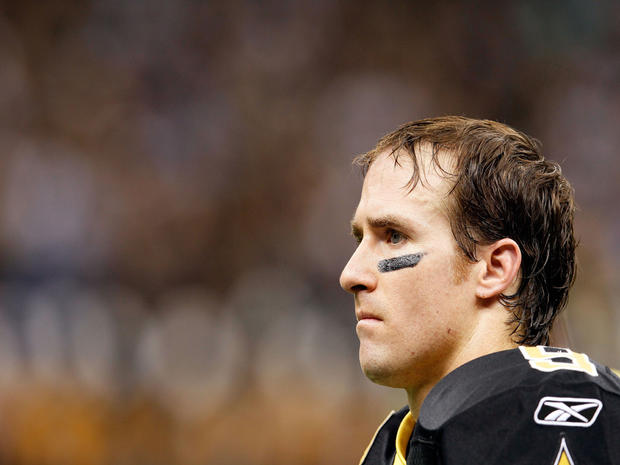 NEW ORLEANS, LA - JANUARY 07:   Drew Brees #9 of the New Orleans Saints looks on against the Detroit Lions during their 2012 NFC Wild Card Playoff game at Mercedes-Benz Superdome on January 7, 2012 in New Orleans, Louisiana.  (Photo by Kevin C. Cox/Getty Images) 