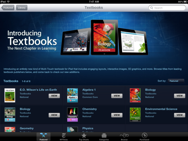 Apple's new textbook offerings in the iBookstore. 