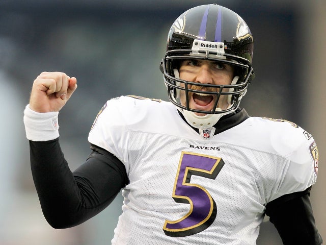 Joe Flacco celebrates after his seven yard touchdown pass  