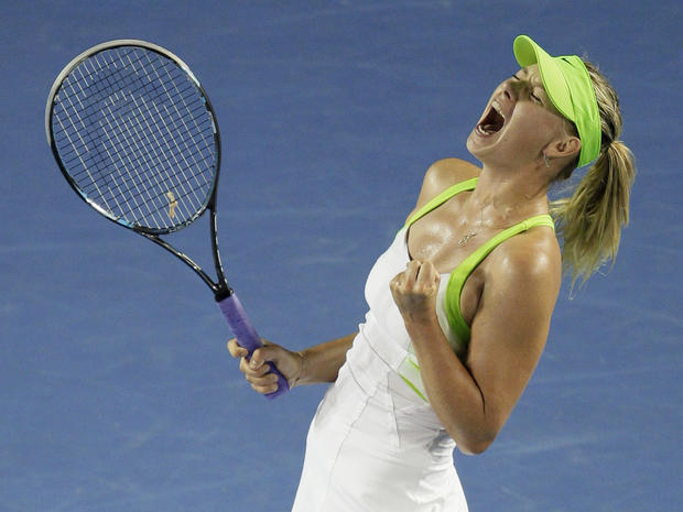 Maria Sharapova screams after winning a point 
